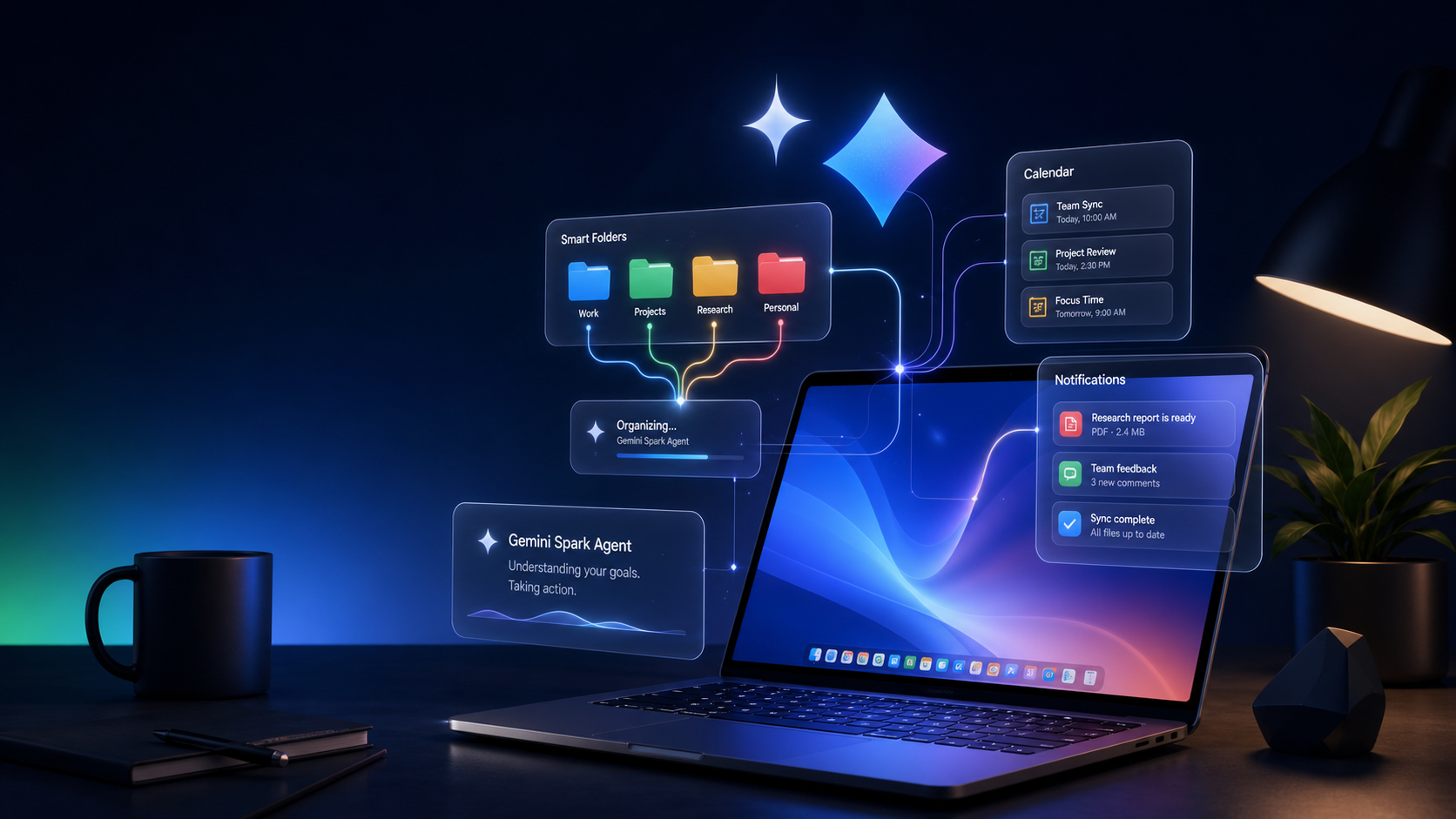 Editorial tech magazine hero image showing a glowing MacBook on a desk with a translucent AI holographic agent interface above it displaying file folders, calendar events, and notification alerts — dark navy background with Google blue, green, yellow, red color accents.