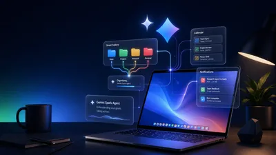 Editorial tech magazine hero image showing a glowing MacBook on a desk with a translucent AI holographic agent interface above it displaying file folders, calendar events, and notification alerts — dark navy background with Google blue, green, yellow, red color accents.