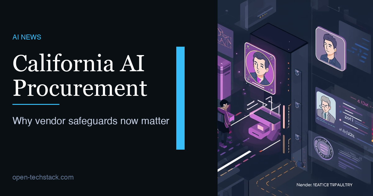 Editorial illustration of a state procurement gateway evaluating AI vendors across safety, privacy, civil liberties, and supply-chain controls.