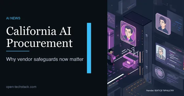 Editorial illustration of a state procurement gateway evaluating AI vendors across safety, privacy, civil liberties, and supply-chain controls.
