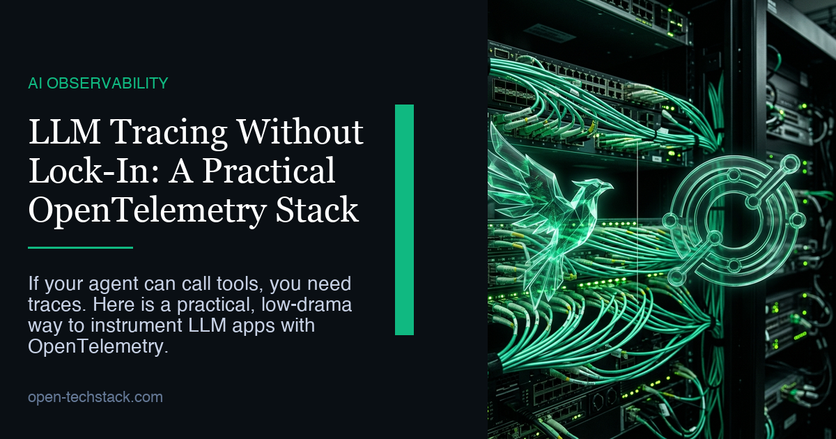 Editorial cover for a practical OpenTelemetry stack for LLM tracing, featuring Phoenix and OTLP.