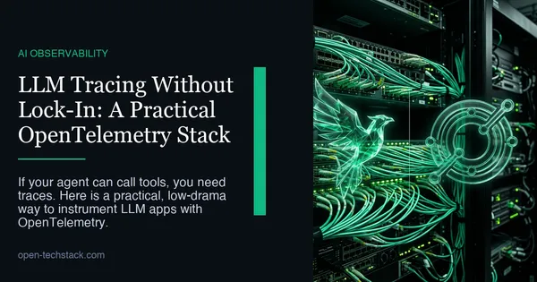 Editorial cover for a practical OpenTelemetry stack for LLM tracing, featuring Phoenix and OTLP.