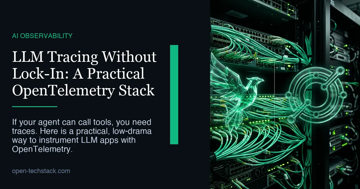Editorial cover for a practical OpenTelemetry stack for LLM tracing, featuring Phoenix and OTLP.