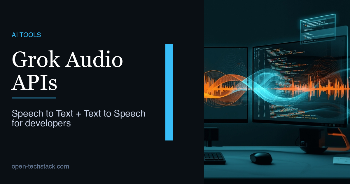 Editorial illustration of Grok audio APIs turning speech into text and text into spoken output inside a developer workflow.