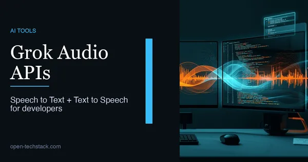 Editorial illustration of Grok audio APIs turning speech into text and text into spoken output inside a developer workflow.