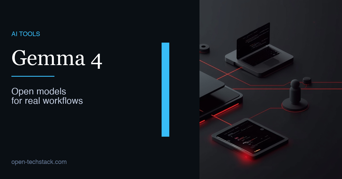 Editorial illustration of an open AI model core branching toward a laptop, phone, and edge devices.