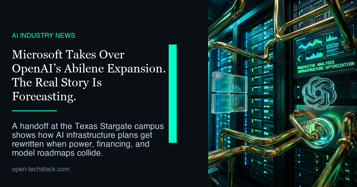 An editorial-style cover showing a dark data-center corridor split by a bright divider line, symbolizing an infrastructure handoff between two major AI platforms.