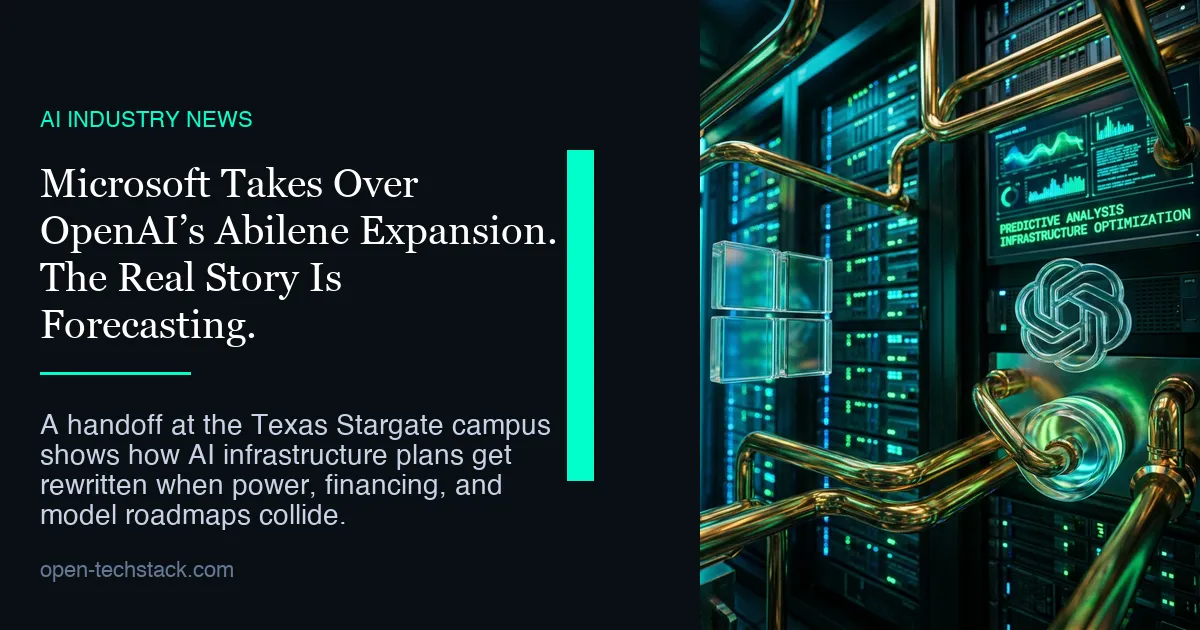 An editorial-style cover showing a dark data-center corridor split by a bright divider line, symbolizing an infrastructure handoff between two major AI platforms.