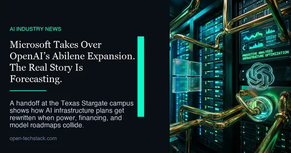 An editorial-style cover showing a dark data-center corridor split by a bright divider line, symbolizing an infrastructure handoff between two major AI platforms.