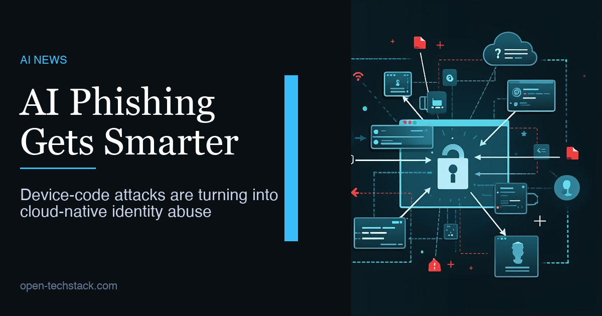 Editorial illustration of a phishing workflow that hijacks a legitimate device login flow through layered cloud infrastructure and automated token theft.