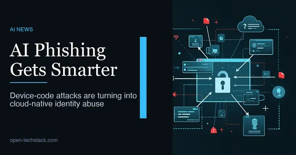 Editorial illustration of a phishing workflow that hijacks a legitimate device login flow through layered cloud infrastructure and automated token theft.