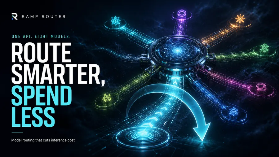 Dramatic editorial tech cover: Ramp Router as an intelligent routing switchboard routing AI requests from a single API call across labeled model lanes (OpenAI, Anthropic, DeepSeek, Moonshot, xAI) toward a cost-versus-benchmark decision panel, deep navy background with electric cyan and purple accents.