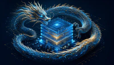 Editorial tech magazine hero image for a Tencent Hy3 article — a stylized Chinese dragon formed from glowing circuit board patterns and neural network nodes wrapping around a cube of layered data blocks, deep midnight blue to dark teal gradient with gold and neon cyan highlights.