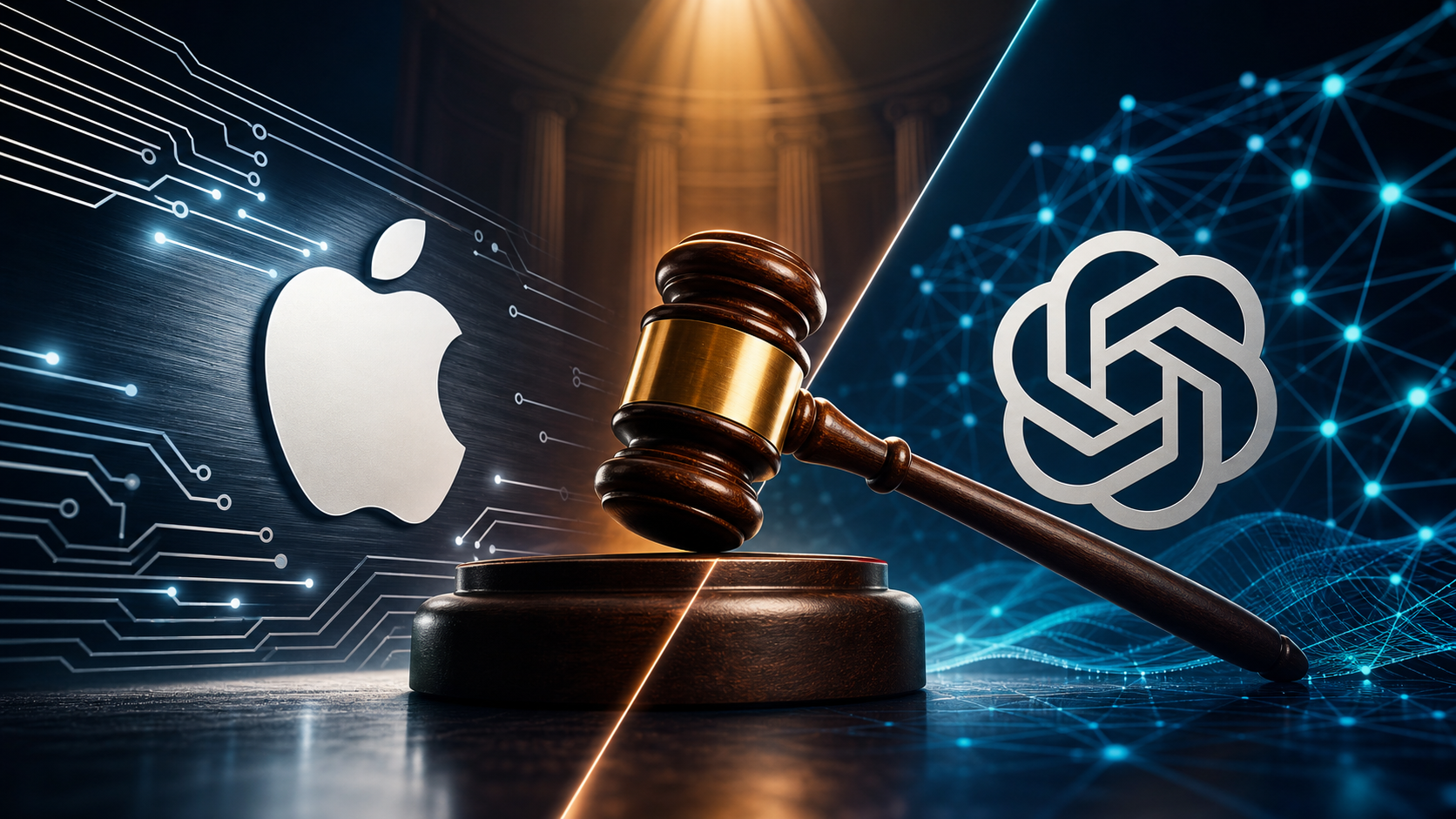 Editorial tech magazine hero image for Apple suing OpenAI — a courtroom gavel splitting the difference between the Apple and OpenAI logos, circuit traces on one side fading into neural nodes on the other, dark navy with amber and cyan accents.