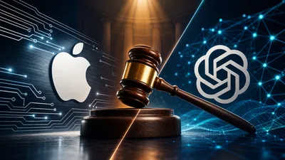 Editorial tech magazine hero image for Apple suing OpenAI — a courtroom gavel splitting the difference between the Apple and OpenAI logos, circuit traces on one side fading into neural nodes on the other, dark navy with amber and cyan accents.