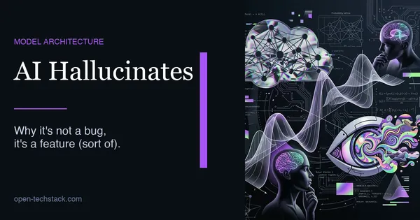 A surreal illustration of an AI brain generating phantom information, with glowing false facts floating out of a neural network like hallucinated dreams.