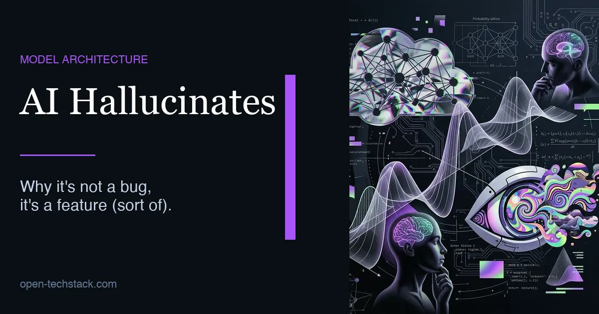 A surreal illustration of an AI brain generating phantom information, with glowing false facts floating out of a neural network like hallucinated dreams.