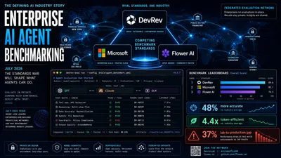 Dark navy editorial tech-magazine collage for enterprise AI agent benchmarking: white DevRev wordmark with cube icon, the four-color Microsoft square logo, and a purple Flower AI mark arranged as competing standards; a glowing dotted world map with network arcs and sector nodes for financial services, healthcare, retail, public sector, manufacturing, technology, and banking; a terminal-style eval-run window with a model-agnostic runner swapping GPT, Claude, and GLM lanes and PASS or FAIL, token-cost, and latency columns; a benchmark leaderboard with bar charts; and three stat callout cards reading 48% more accurate, 4.4x token-efficient, and 37% lab-to-production gap.