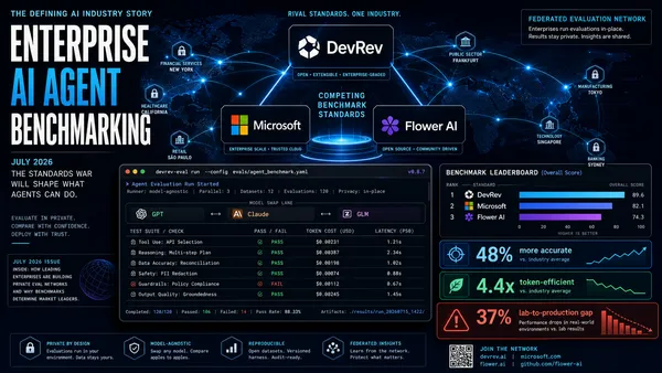 Dark navy editorial tech-magazine collage for enterprise AI agent benchmarking: white DevRev wordmark with cube icon, the four-color Microsoft square logo, and a purple Flower AI mark arranged as competing standards; a glowing dotted world map with network arcs and sector nodes for financial services, healthcare, retail, public sector, manufacturing, technology, and banking; a terminal-style eval-run window with a model-agnostic runner swapping GPT, Claude, and GLM lanes and PASS or FAIL, token-cost, and latency columns; a benchmark leaderboard with bar charts; and three stat callout cards reading 48% more accurate, 4.4x token-efficient, and 37% lab-to-production gap.