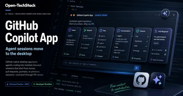 Open-TechStack editorial cover showing the GitHub Copilot app as a desktop command center with isolated agent session cards for issues, branches, files, checks, and pull requests.
