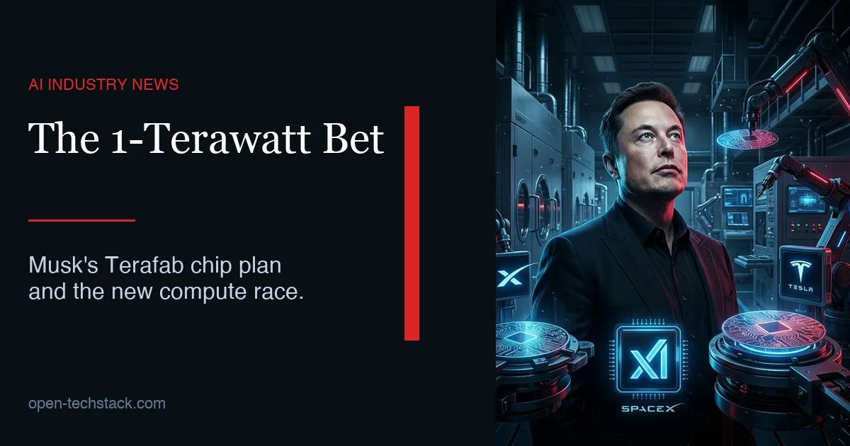 Elon Musk standing in a futuristic AI semiconductor fabrication plant surrounded by robotic arms and glowing wafers.