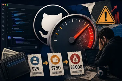 Editorial tech magazine collage with GitHub logo, a rising meter/gauge visual showing cost spike, terminal window with agentic code generation, wallet/billing icons, and dollar figures ($29, $750, $3,000) — deep navy base with amber warning and cyan accent colors.