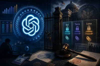 Editorial tech magazine spread with OpenAI brand elements, a government-building silhouette overlaid on terminal windows, three tier labels (Sol, Terra, Luna) with cost tags, benchmark bars, and a gavel icon — dark navy base with cyan and amber accents.