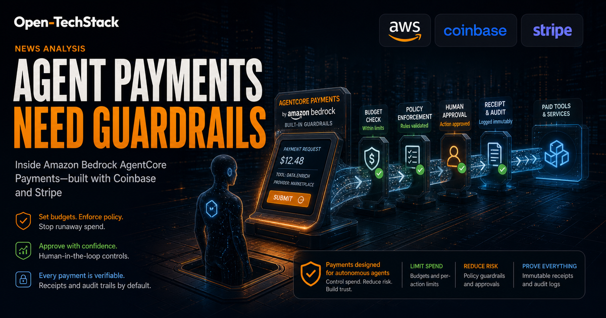 Editorial cover showing an AI agent approaching a payment terminal with AWS, Coinbase, and Stripe context cues while budget and approval guardrails surround the transaction.