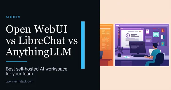 Editorial cover contrasting three self-hosted AI workspace patterns: an internal chat portal, an agent-centric model hub, and a document-first knowledge workspace.