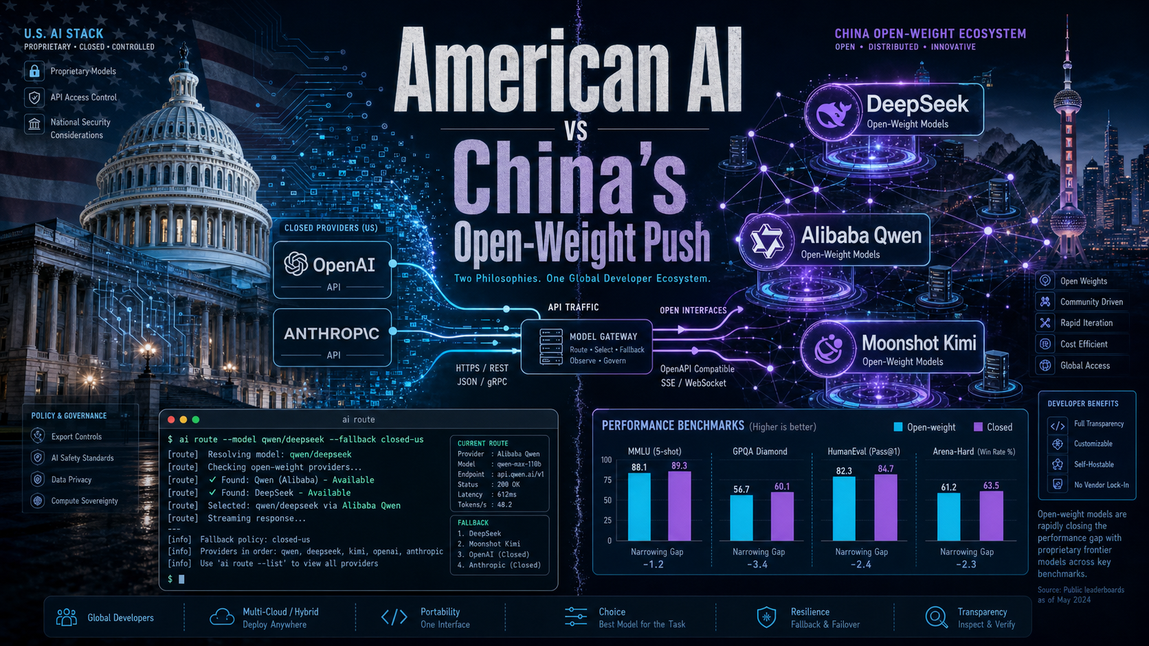 Editorial tech magazine cover for American AI vs China open-weights — US flag motif dissolving into network nodes alongside Chinese AI company logos (Moonshot/Kimi, Alibaba/Qwen, DeepSeek) with cyan electric glow on deep navy background, architecture routing diagram showing API flow from closed providers to open-weight hubs, terminal window with model-switching CLI, benchmark comparison bars showing open vs closed model performance convergence, premium WIRED-style layout with restrained purple accents