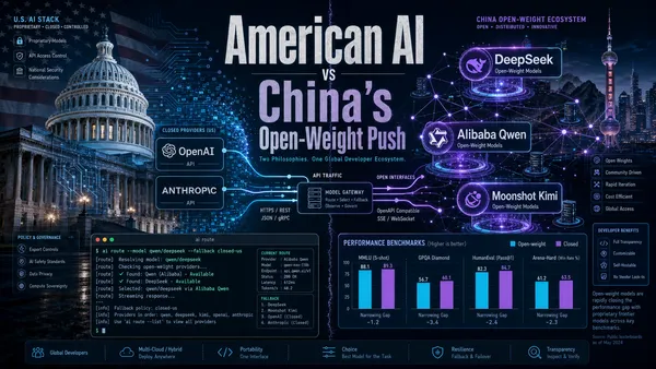 Editorial tech magazine cover for American AI vs China open-weights — US flag motif dissolving into network nodes alongside Chinese AI company logos (Moonshot/Kimi, Alibaba/Qwen, DeepSeek) with cyan electric glow on deep navy background, architecture routing diagram showing API flow from closed providers to open-weight hubs, terminal window with model-switching CLI, benchmark comparison bars showing open vs closed model performance convergence, premium WIRED-style layout with restrained purple accents