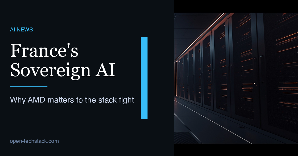 Editorial cover showing a French sovereign-AI scene with tricolor light, exascale infrastructure, and open compute pathways converging into a national research stack.