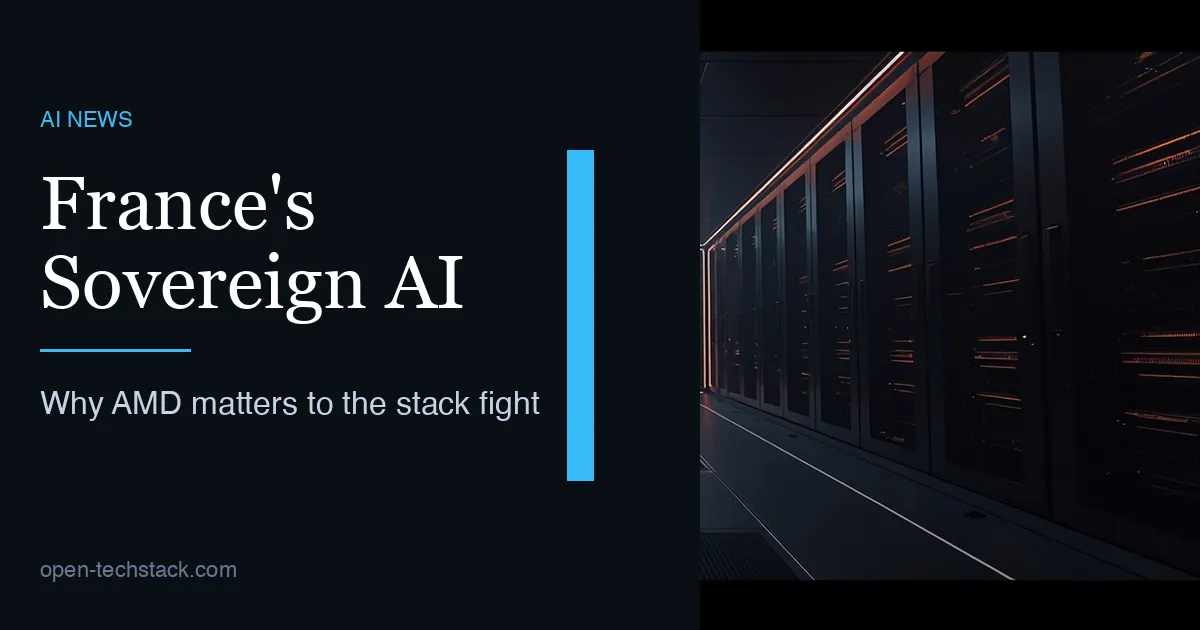 Editorial cover showing a French sovereign-AI scene with tricolor light, exascale infrastructure, and open compute pathways converging into a national research stack.