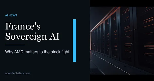 Editorial cover showing a French sovereign-AI scene with tricolor light, exascale infrastructure, and open compute pathways converging into a national research stack.