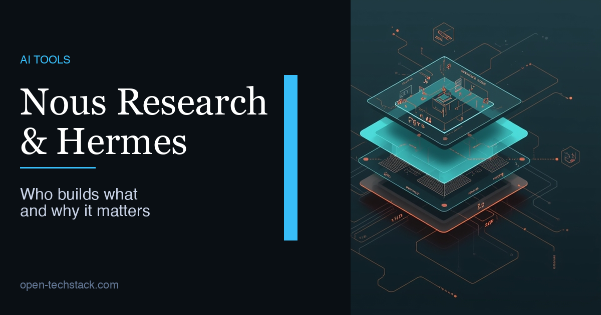Editorial cover showing a layered AI stack map for Nous Research, Hermes Agent, Hermes 4, and the Nous Portal.