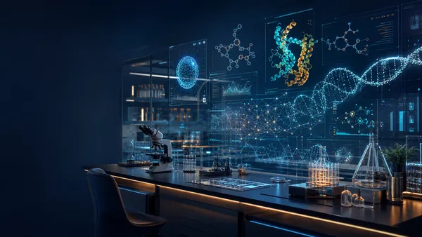 Editorial tech magazine spread for a blog article about the Claude Science AI workbench — a sleek modern laboratory bench with a glowing AI interface projected above it showing molecular structures, protein folding visualizations, neural network graphs, and DNA helix data visualizations, dark navy base with warm amber and teal accents.