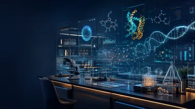 Editorial tech magazine spread for a blog article about the Claude Science AI workbench — a sleek modern laboratory bench with a glowing AI interface projected above it showing molecular structures, protein folding visualizations, neural network graphs, and DNA helix data visualizations, dark navy base with warm amber and teal accents.