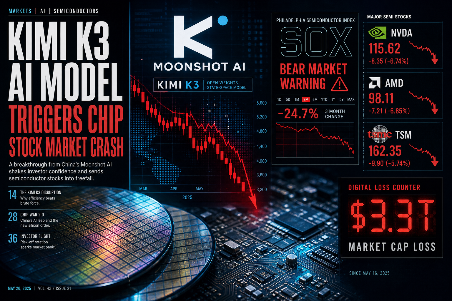 Magazine-style graphic showing the headline 'KIMI K3 AI MODEL TRIGGERS CHIP STOCK MARKET CRASH' — Moonshot AI branding over a plunging red stock chart, Philadelphia Semiconductor Index bear market warning with red triangle, falling NVDA/AMD/TSM stock panels showing 6-7% drops, a '$3.3T Market Cap Loss' digital counter, and silicon wafers on a circuit board background.