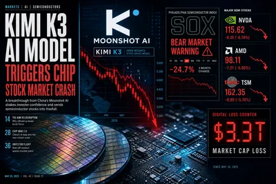 Magazine-style graphic showing the headline 'KIMI K3 AI MODEL TRIGGERS CHIP STOCK MARKET CRASH' — Moonshot AI branding over a plunging red stock chart, Philadelphia Semiconductor Index bear market warning with red triangle, falling NVDA/AMD/TSM stock panels showing 6-7% drops, a '$3.3T Market Cap Loss' digital counter, and silicon wafers on a circuit board background.