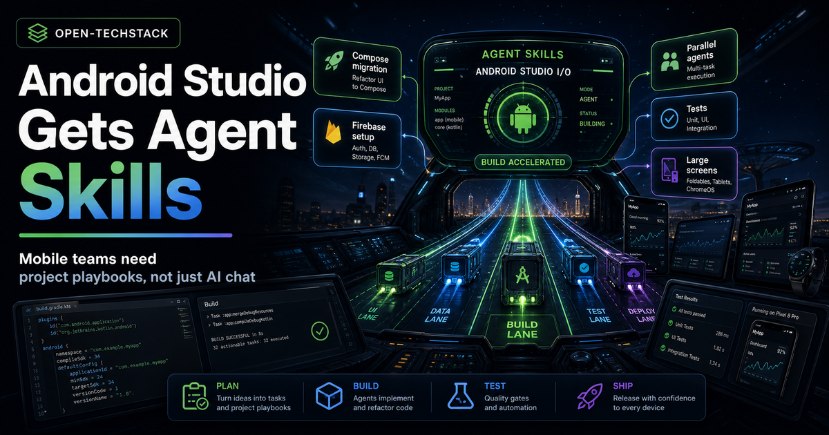 Dramatic Open-TechStack cover showing Android Studio agent skills as an app launch runway with Compose migration, Firebase setup, tests, large screens, and build lanes.