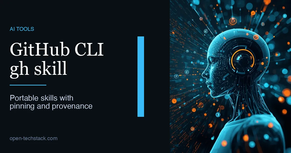 Editorial illustration of a terminal-native skills workflow with portable agent packages, pinned versions, and provenance signals.