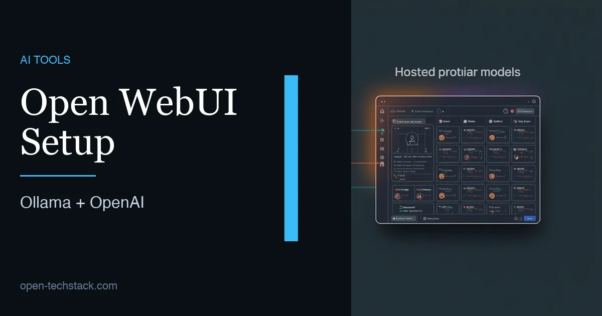 Editorial cover showing one Open WebUI workspace routing to a local Ollama stack and a hosted OpenAI endpoint.