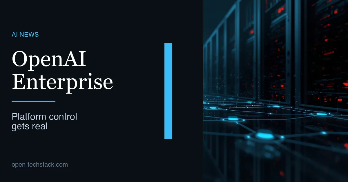 Editorial illustration of an enterprise AI control plane linking cloud infrastructure, agents, coding workflows, and office systems.