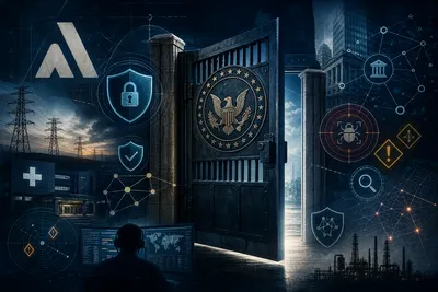 Editorial tech magazine collage with Anthropic brand elements, a locked-and-unlocked gate visual representing the partial restoration, cybersecurity shield icons, critical infrastructure symbols (power grid, hospital, financial node), and a timeline showing June 12 to June 27 — dark navy base with cyan and amber accents.