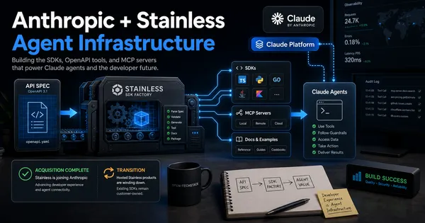 Open-TechStack editorial cover showing Anthropic acquiring Stainless as an API-to-SDK-to-MCP pipeline for Claude agents, with developer platform and governance cues.