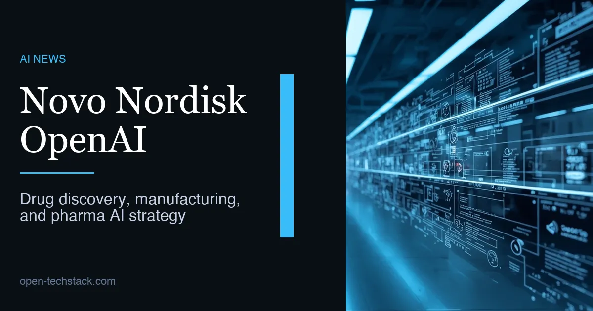 Editorial illustration of a pharmaceutical AI workflow linking molecule discovery, manufacturing lines, and global operations through a controlled data-and-model pipeline.