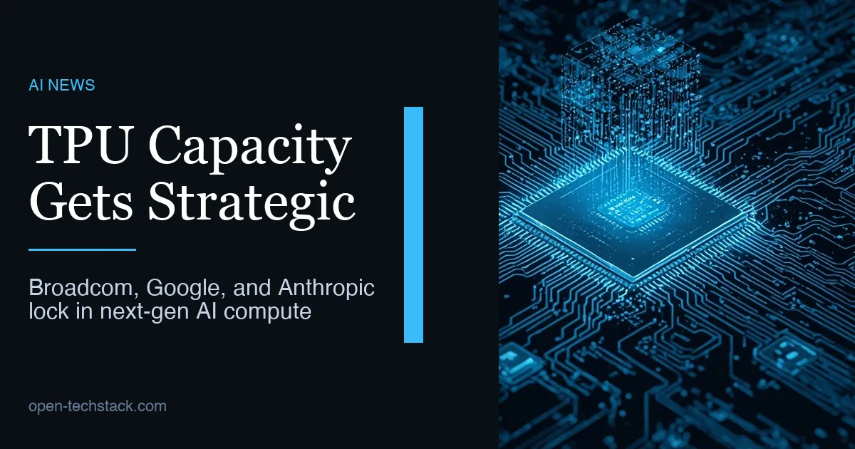Editorial cover showing a dark AI infrastructure corridor with a bright TPU rack cluster and routed network paths, suggesting long-term compute allocation.