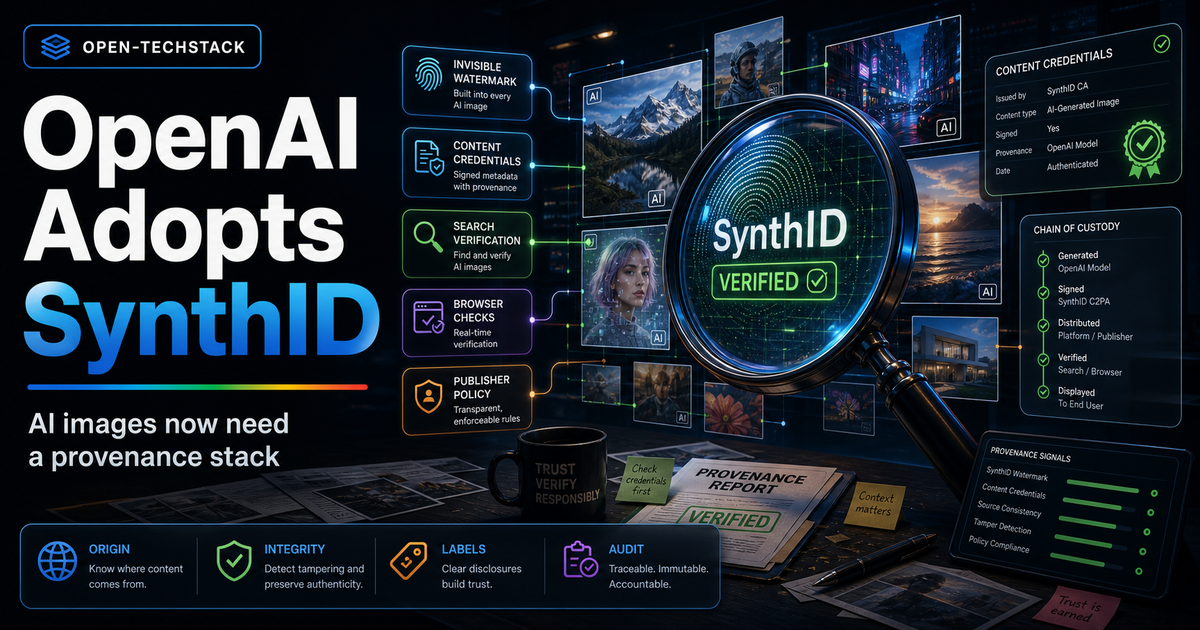 Dramatic Open-TechStack cover showing OpenAI adopting SynthID, with a forensic search lens verifying AI images through invisible watermarks, content credentials, and audit signals.