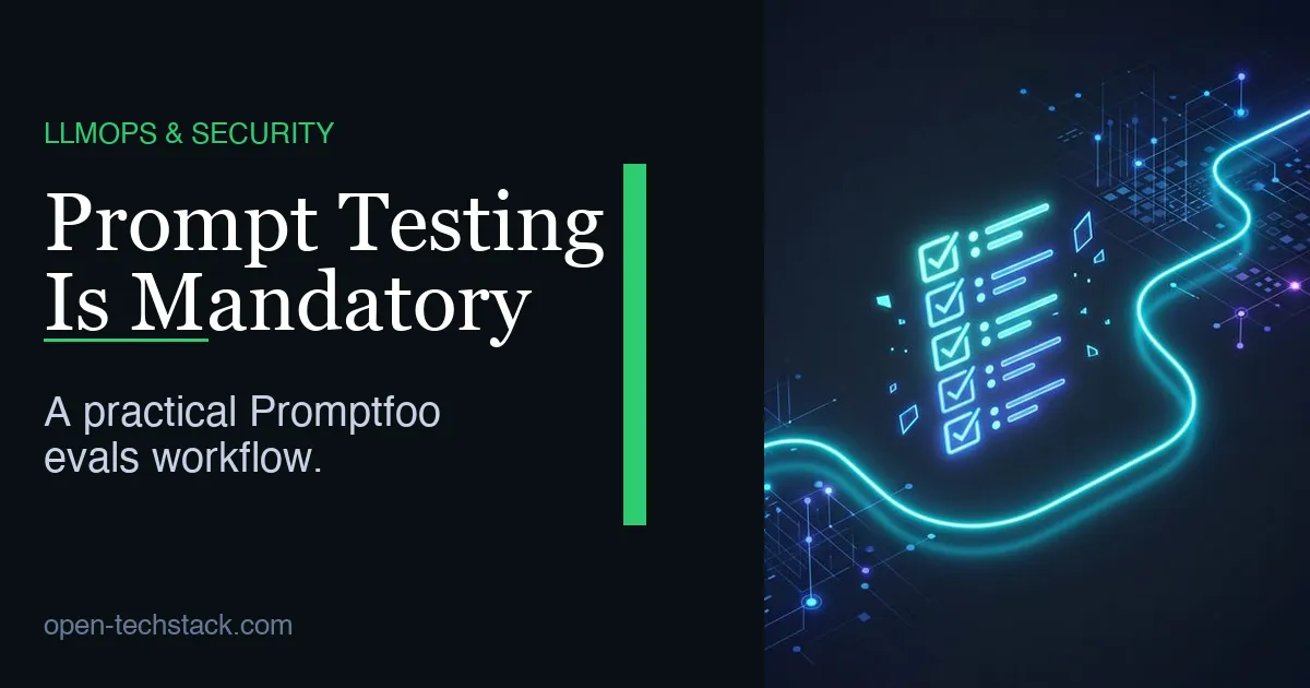 Editorial cover showing a test checklist and evaluation grid on a dark background with a neon divider, symbolizing prompt regression testing.
