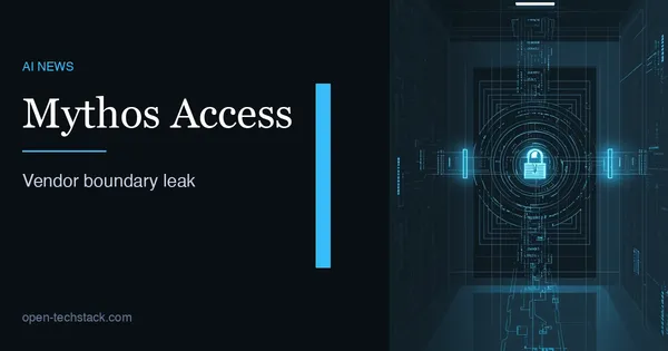 Editorial illustration of a restricted AI model behind layered access gates, with one compromised vendor path cutting into the boundary.